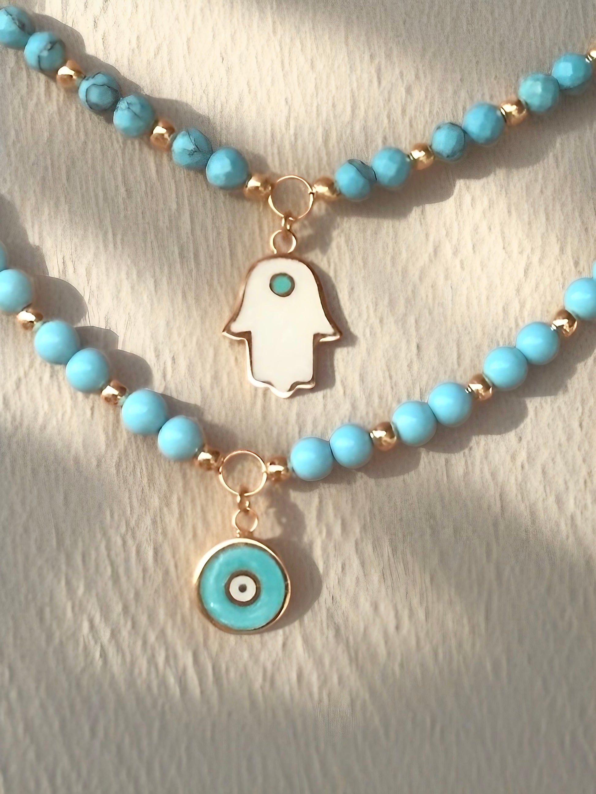 Turquoise beaded gold necklace with gold beads and evil eye charm  | Ella Creations jewelry