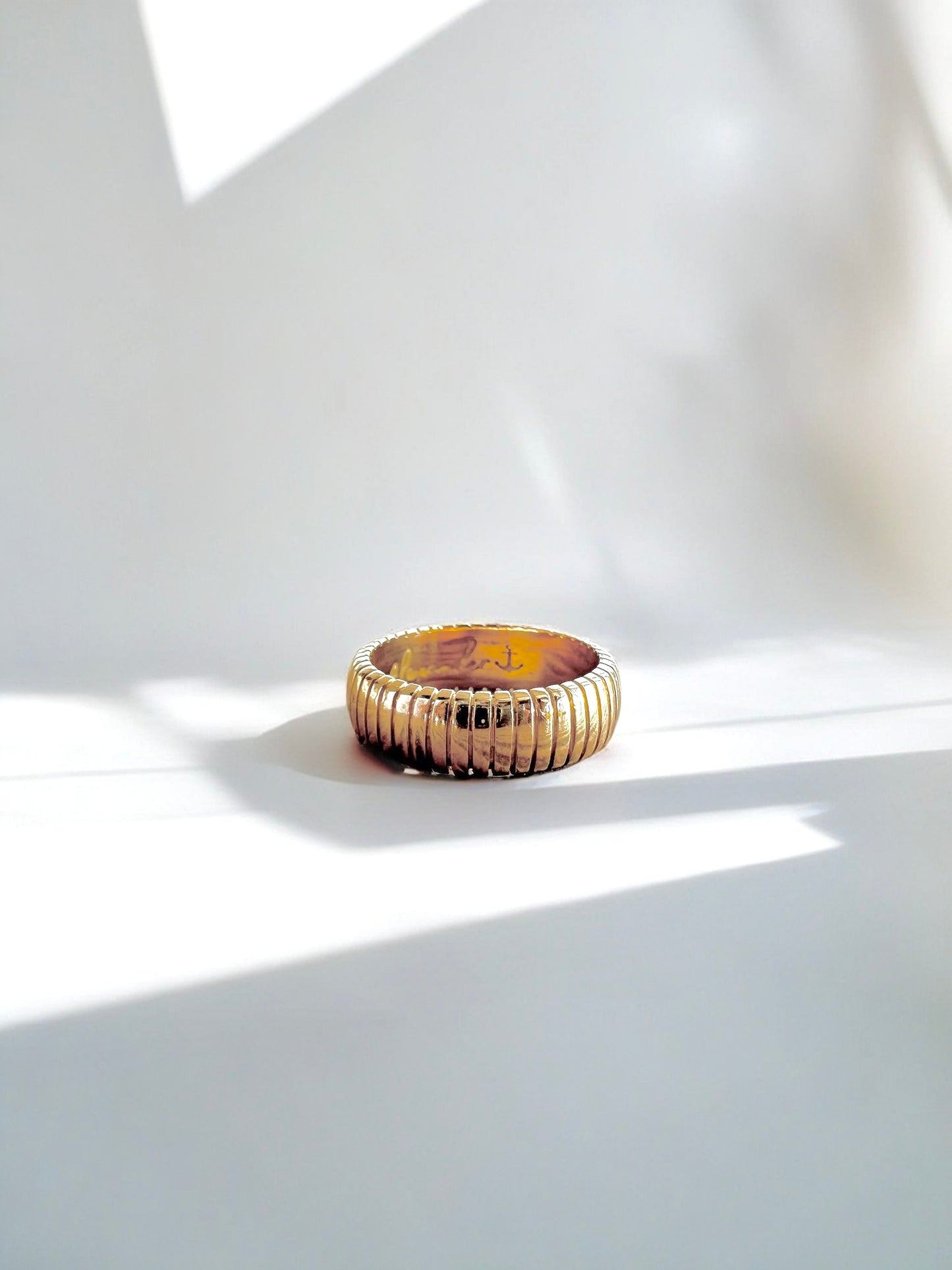 Wide Gold Ring with a ribbed surface texture, wear it as chunky wedding band or a standalone chunky ring, handcrafted in 18k solid gold | Ella Creations Jewelry