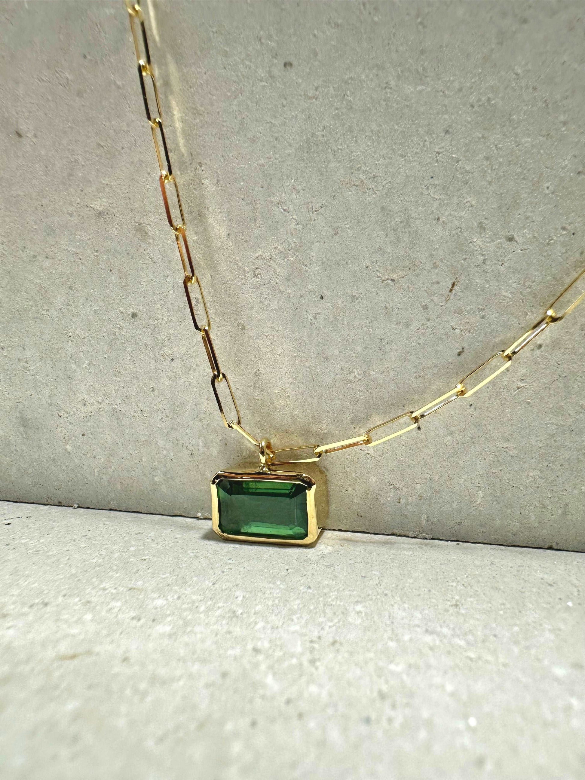 Green pendant zircon necklace with paperclip 18k solid gold chain - Ella Creations Jewelry