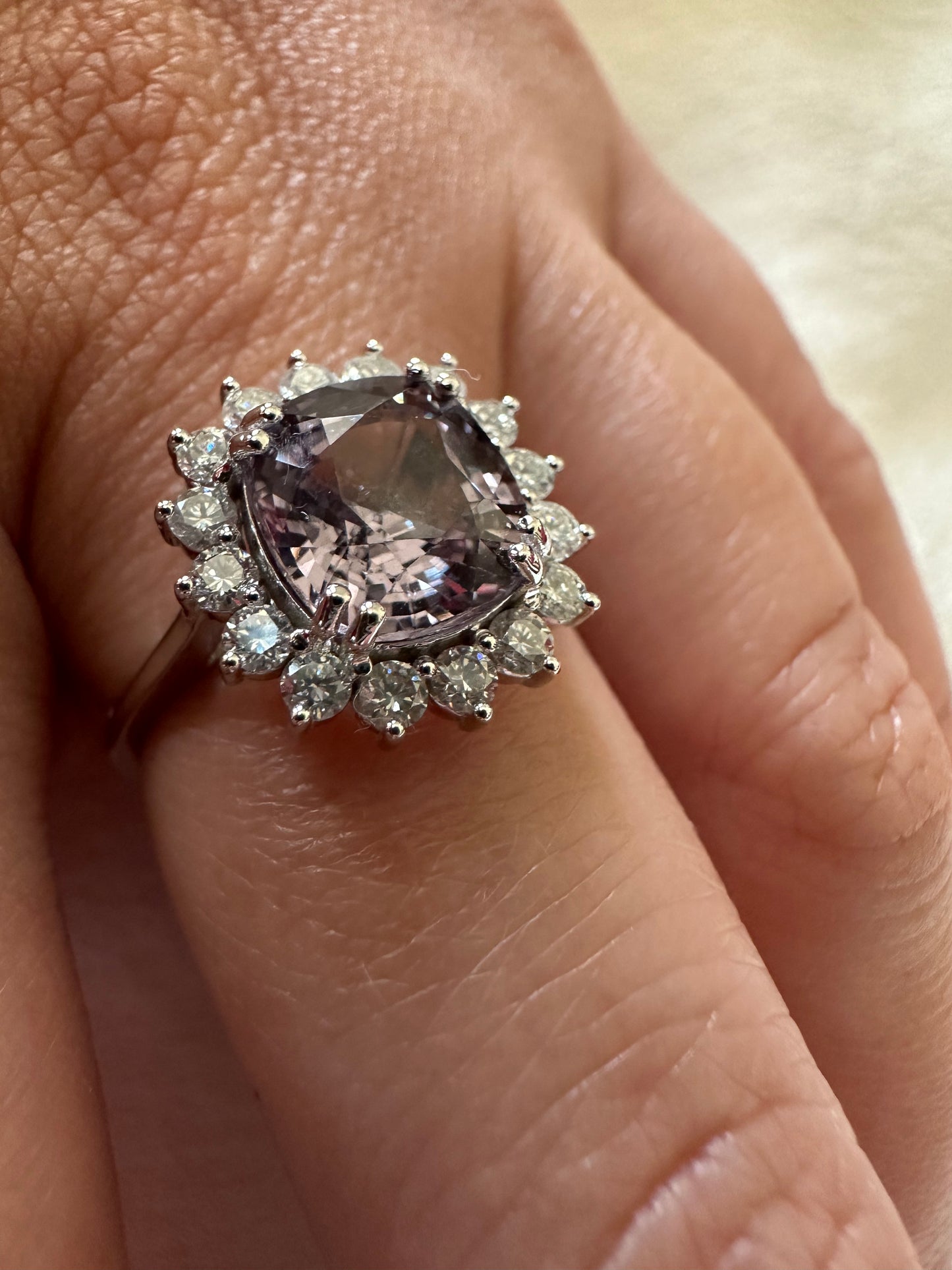 Spinel Ring with diamonds handcrafted in 18 karat white gold. Spinel is August birthstone | Ella creations jewelry